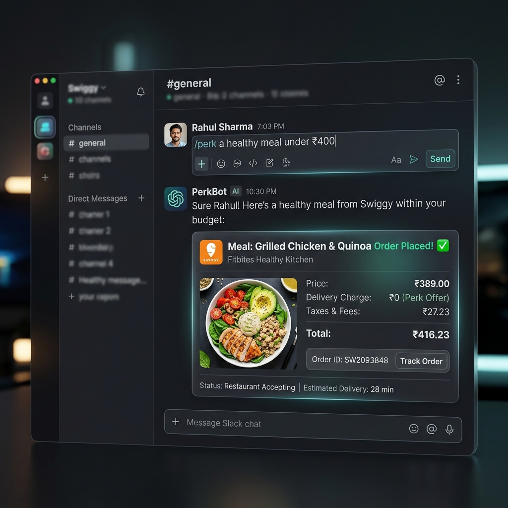PerkSync AI interface demo showing an automated Swiggy order in Slack
